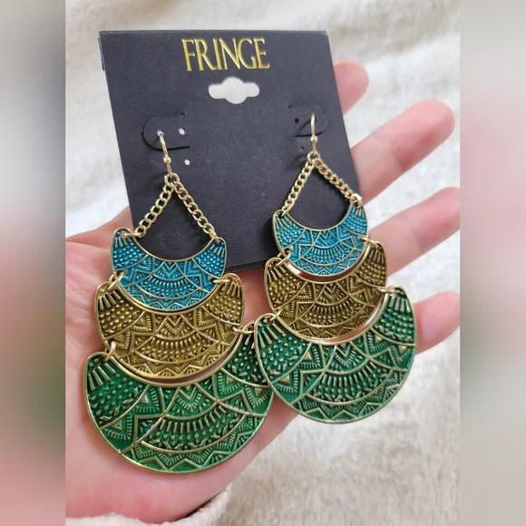 Fringe | Large Boho Embossed Gold Tone Blue/Green Layered Tribal Disc Earrings - Picture 4 of 7